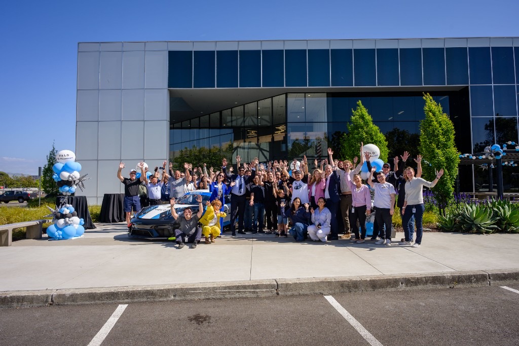 Velo3D team gathered in front of headquarters at 2710 Lakeview Court in Fremont
